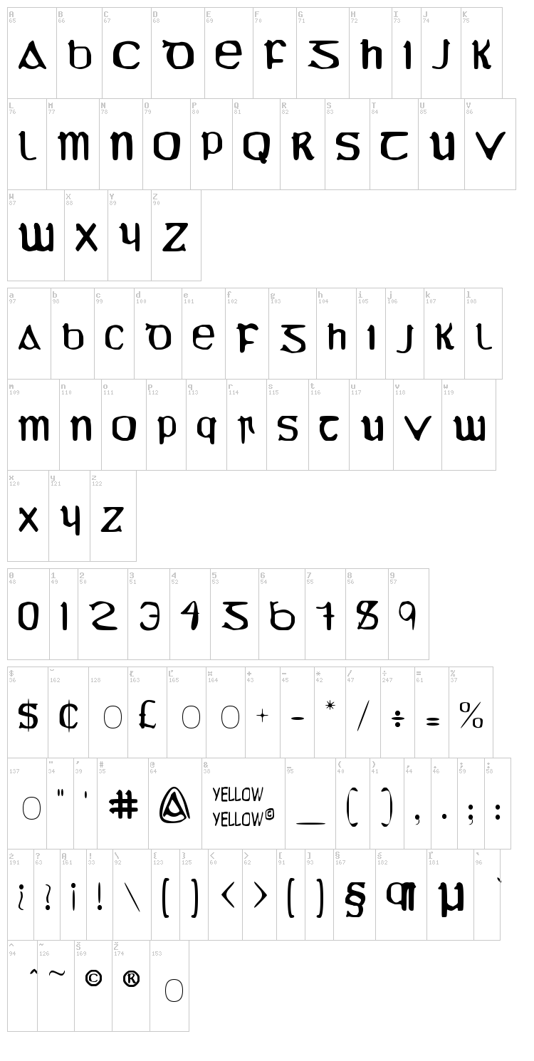 YY Uncial Most Irish font map